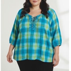 Catherines size 2X 22/24W Plaid Tunic Top Blue Green Tie Neck 3/4 Sleeve